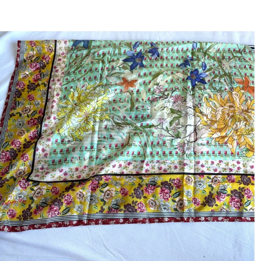 Johnny Was Silk Scarf Floral Mixed Print Tassel Boho Yellow Green 42x42